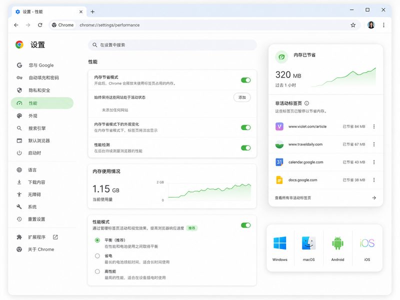 Chrome 浏览器性能指标数据与内存优化界面